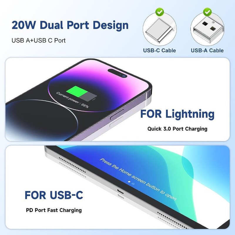 PD Fast Charger 2IN1 Wall 20W Dual USB Adapter For TCL Tab 8 LE (9137W) gallery