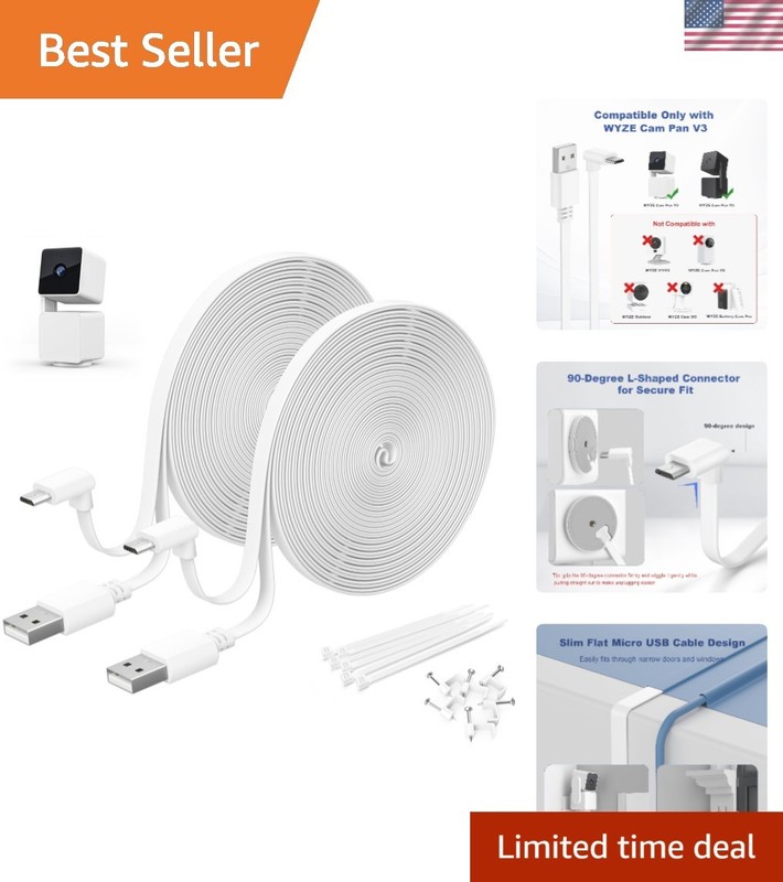 Effortless Setup: 15FT Extension Cable for WYZE Cam Pan V3 with Clips – 2-Pack