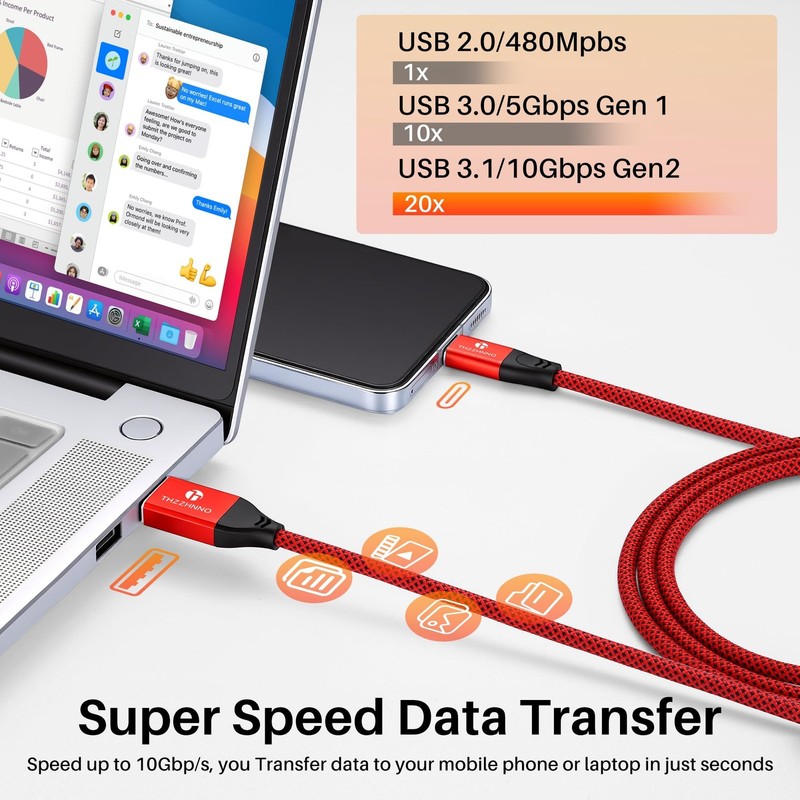 USB C Cable 3ft Braided Type C Data Sync Fast Charging 10Gbps Red gallery