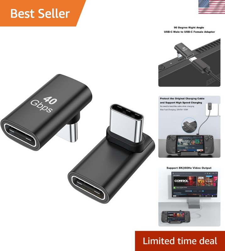 90° USB-C Adapter, 100W Right Angle Extender for Steam Deck & Switch – 2 Pack