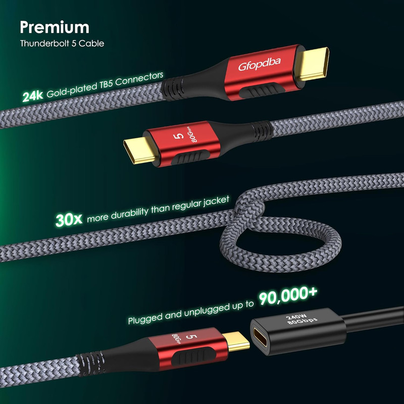 Thunderbolt 5 Cable 6.6FT Compatible, 80Gbps, 120Gbps Bandwidth, PD 240W, 8K@165 gallery
