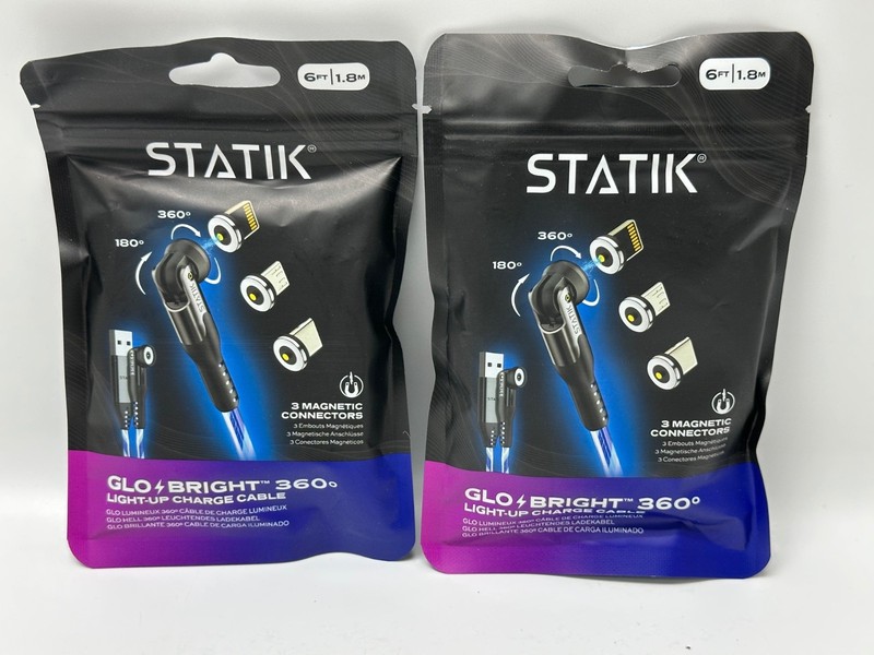 Lot of 2 Statik Globright 6ft Light Up 360 Magnetic Universal LED Charge Cable