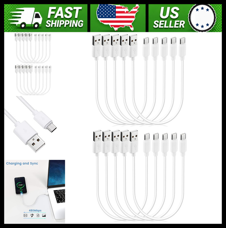 USB-C Fast Charging Cable 10-Pack White 1ft USB-A to Type-C