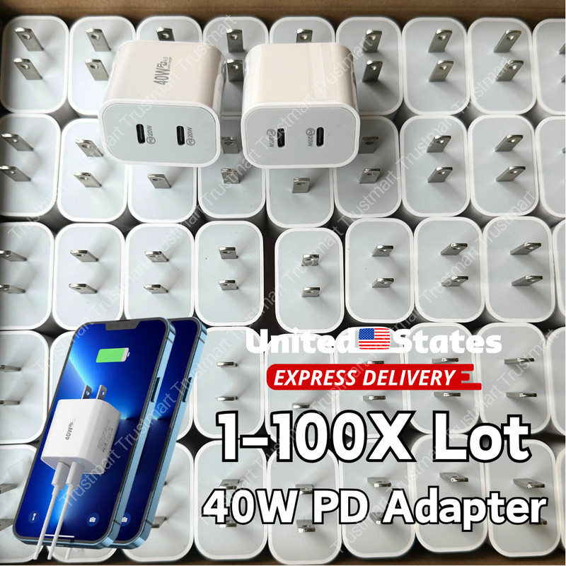 40W Dual USB TypeC Fast Wall Charger Adapter For iPhone iPad Android Samsung Lot