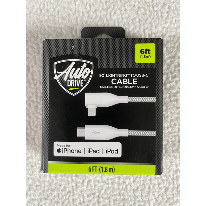 Auto Drive 6ft Charging Cable Silver 90 Degree 8 pin connector to USB-C Braided