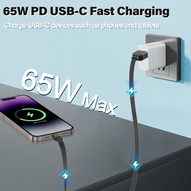 Flat USB to USB C Cable PD65W 3A Fast Charging USB 2.0 to Type-C Cord,Flexibl... gallery