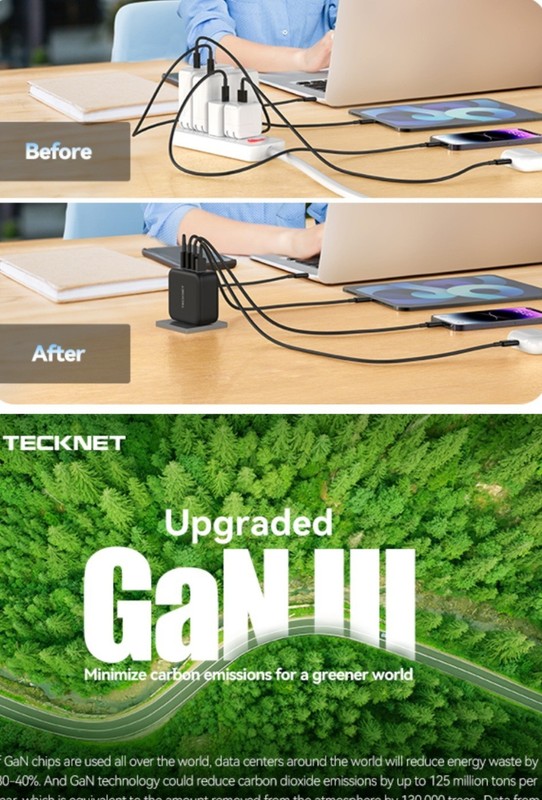 TECKNET 100W USB C Wall Charger, GaN Ⅲ Portable USB-C Fast Charger Block gallery