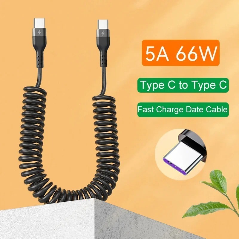 USB Type C 66W Car 5A Fast Charging Type C to Type C Spring Telescopic Cable For