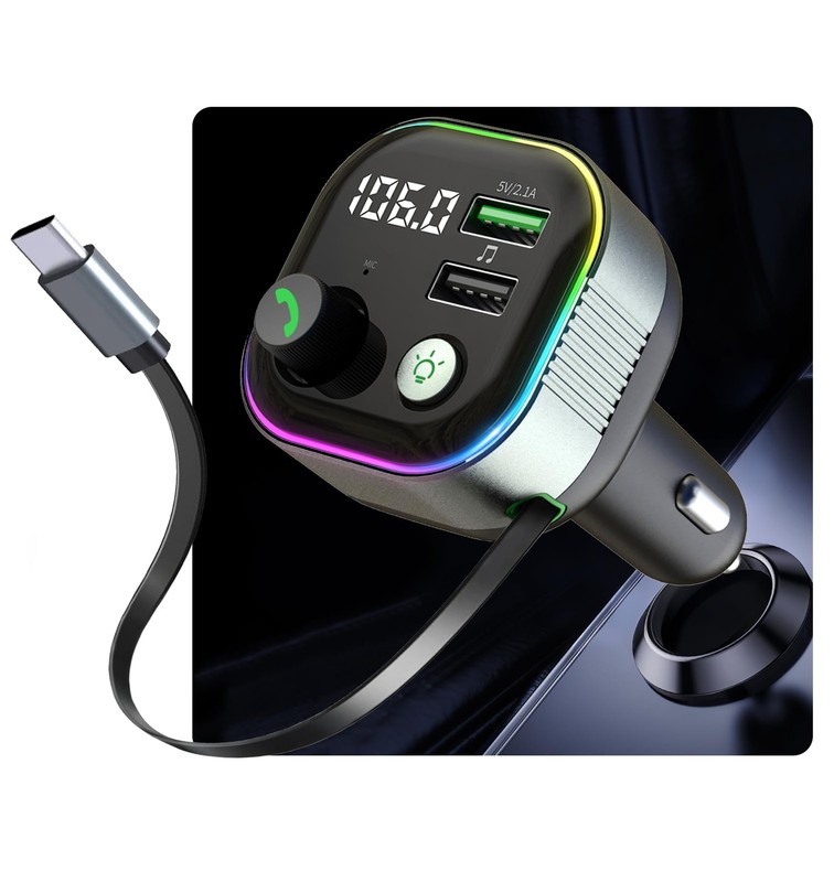 Bluetooth 5.4 FM Transmitter for Car, 36W(12V)-65W(24V) Type C Retractable Co…