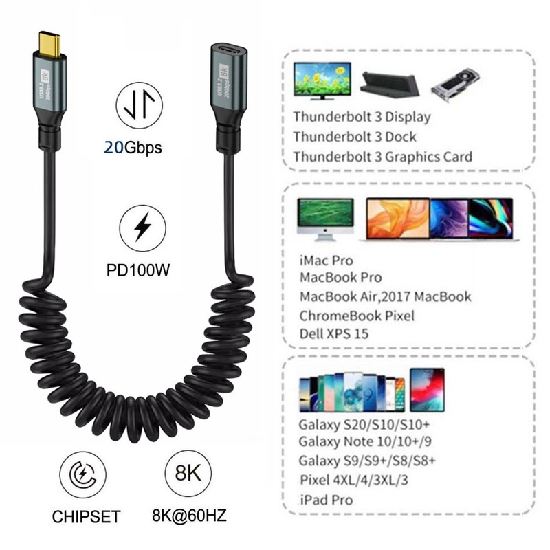 Chenyang 100W USB4 20Gbps Stretch Coiled USB-C Cable 8K for Keyboard Tablet gallery