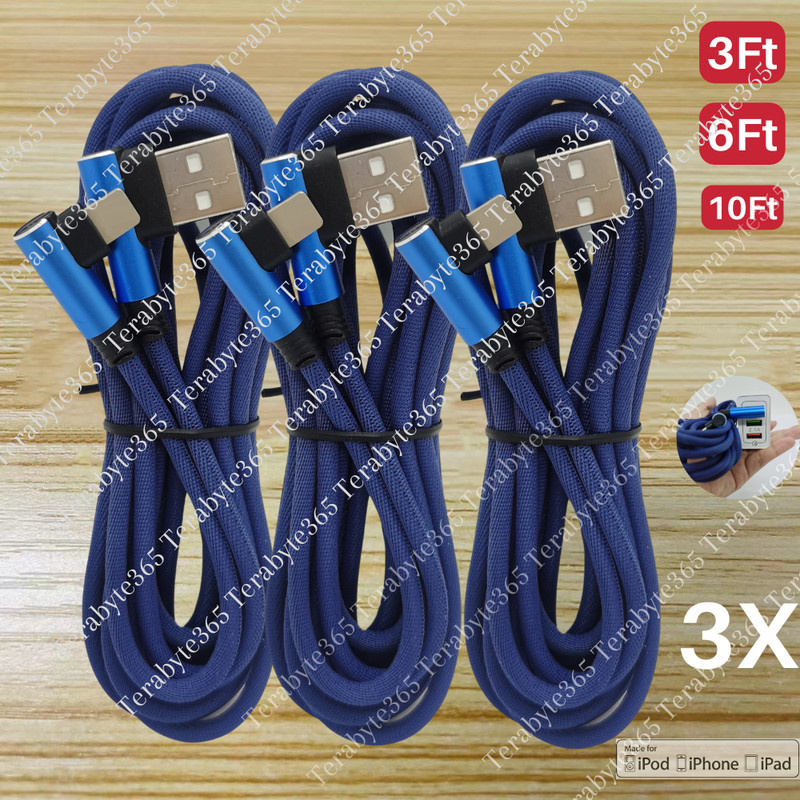 3Pack Elbow USB Fast Charger Cable 3/6/10Ft For iPhone 14 13 12 11 8 6 X XR Cord