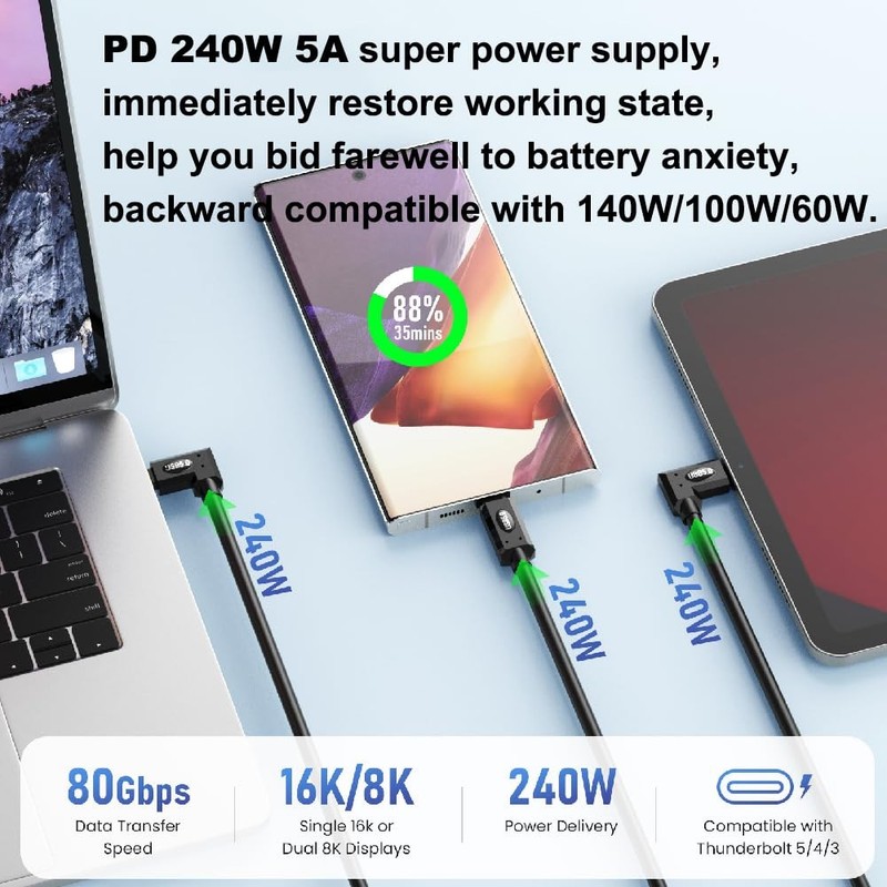 3.3Ft USB 5.0 TypeC Cable Bidirectional 80Gbps 240W PD 16K@60Hz Angle Cord gallery