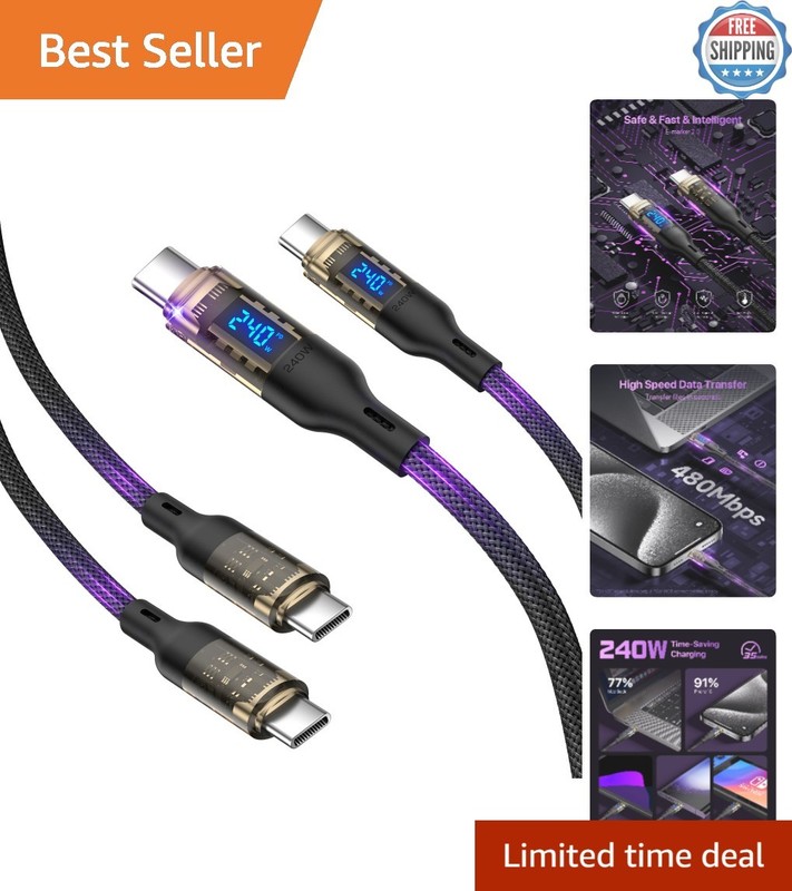 2-Pack 240W USB C to USB C Charging Cables – LED Display, 4ft, for All Devices