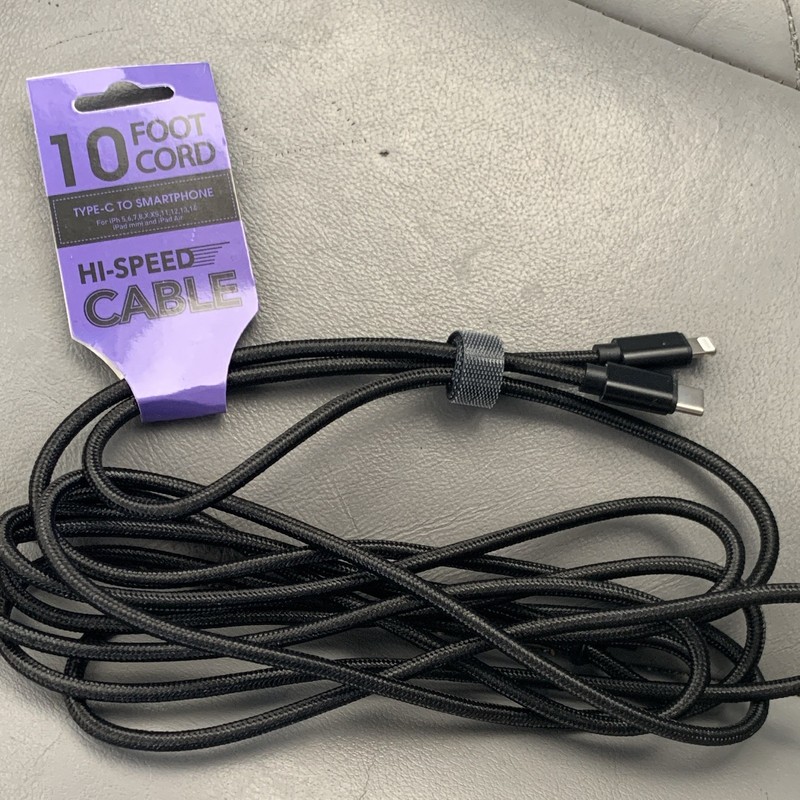Braided Nylon USB-C Highspeed Cable 10 ft Black for iPhone 5/6/7/8/X