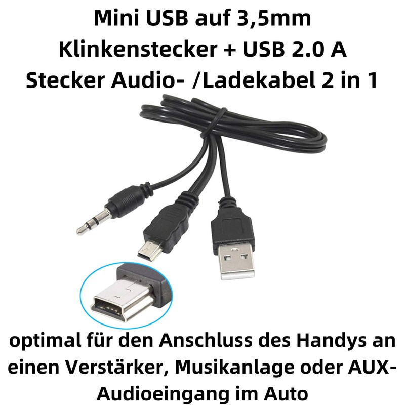 Mini USB to 3.5mm jack plug + USB 2.0 A plug audio charging cable 0.5m gallery