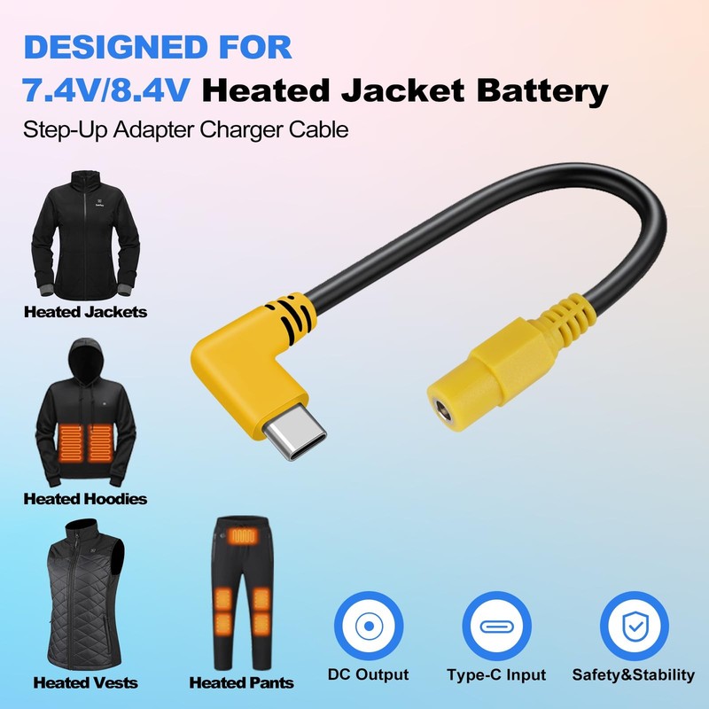 9V Heated Jacket Battery Step-Up Adapter Cable Type-C 7.4V 8.4V QC 3.0/PD gallery