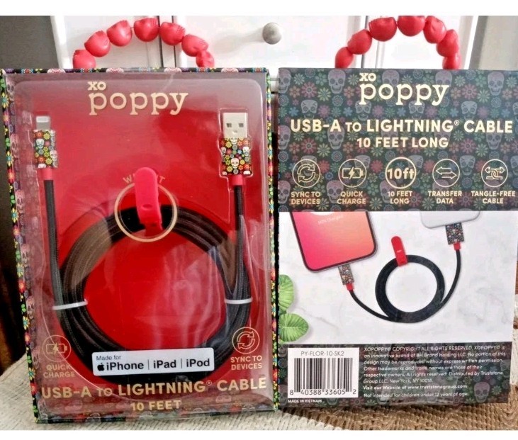 XO Poppy Fast Charging USB-A To lighting Cable 10′ Feet Skulls & Flowers NIB