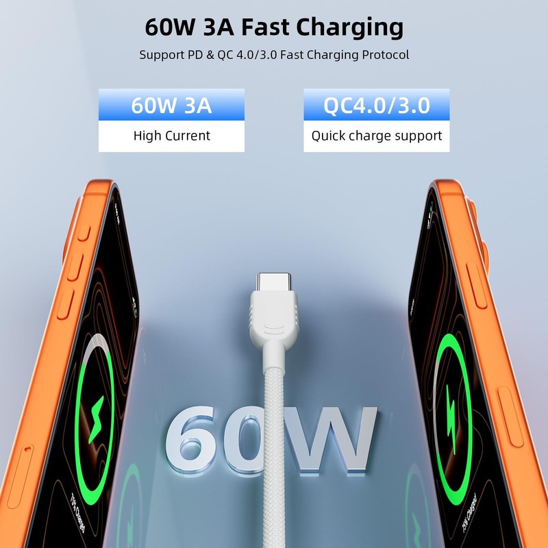 60W USB C Cable Right Angle, 3FT PD Fast Charging Cord Braided Type C Data Ca... gallery