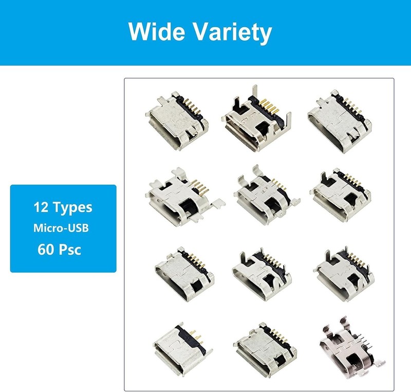 12 Types Micro USB Connector Kit - 60 Assorted Repair Adapters for Versatile Use gallery