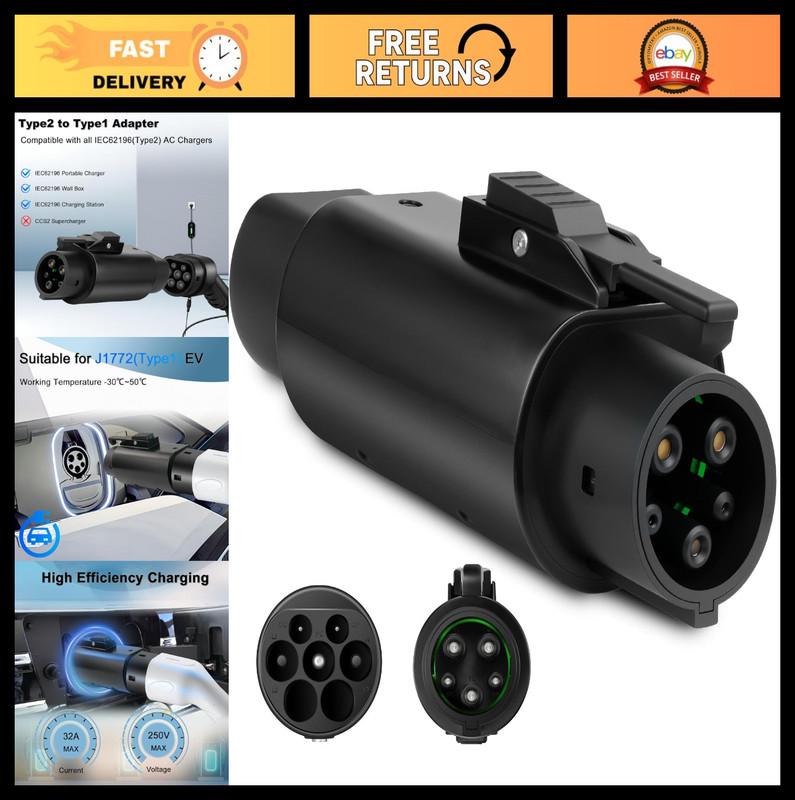 Type 2 to Type 1 EV Adapter, 32A 250V AC, IEC 62196 SAE J1772, Anti-Drop Clip