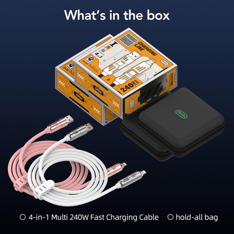 MFish 2-Pack 240W 4-in-1 Multi Charging Cable with 6.6FT, Pink+White gallery