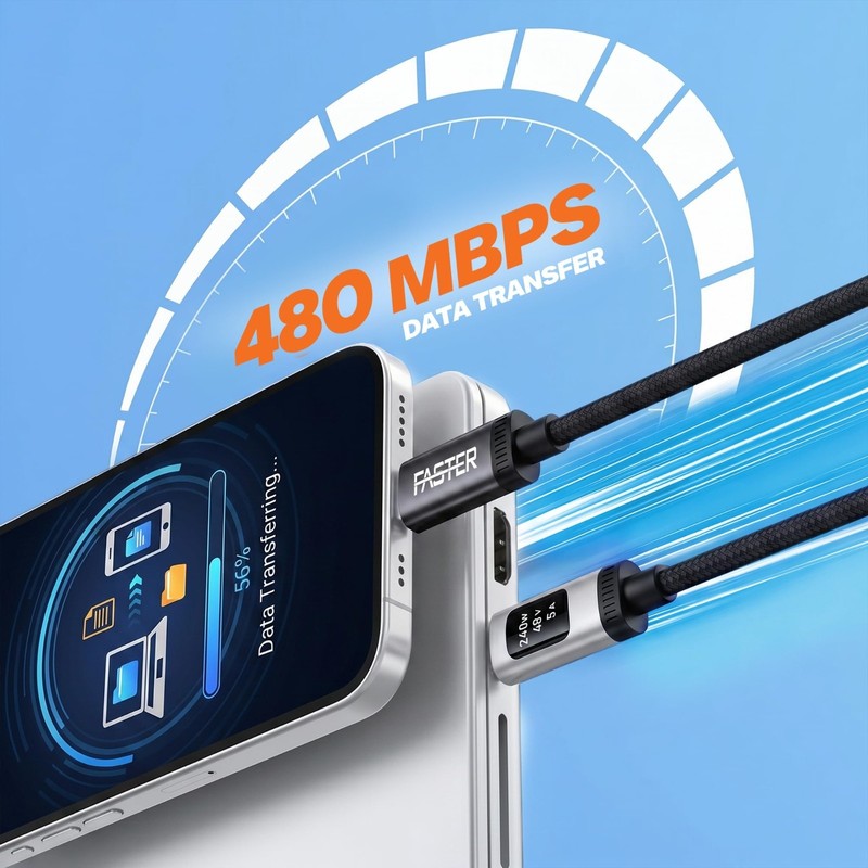 FASTER D8 240W USB-C to USB-C Cable 1.2m, 3.9 ft, OLED Display, 480 Mbps gallery