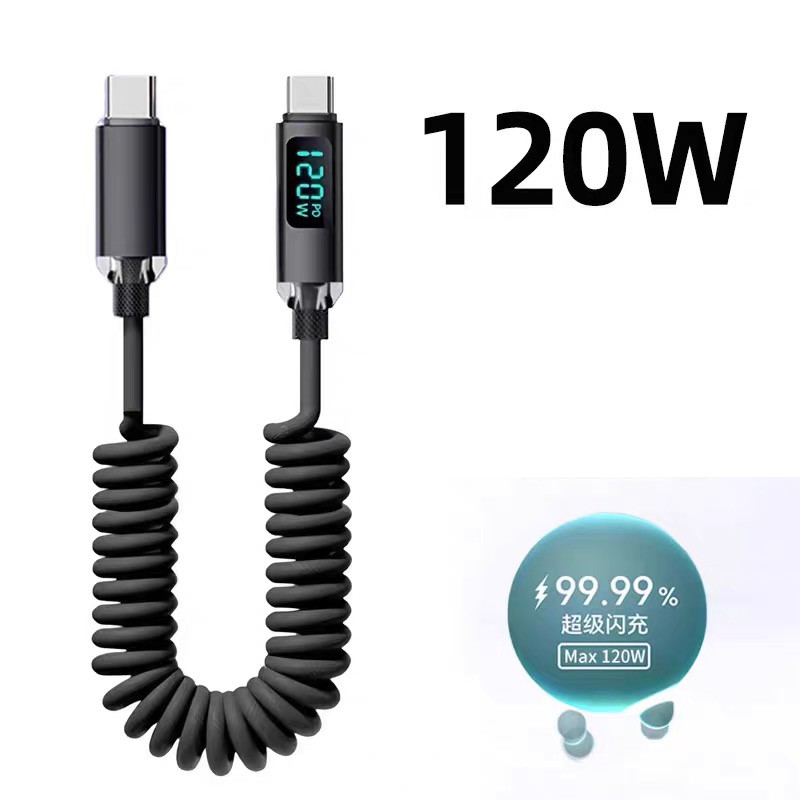 C-C, USB-C Spring Coil Cable Braided Fast Phone Lead Charger 120W Power Display