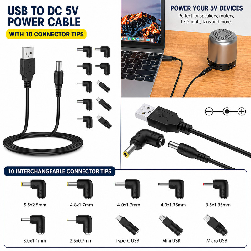 USB to DC 5V Power Cable 10 Connector Tips Universal Charger Cord 5FT Router Cam