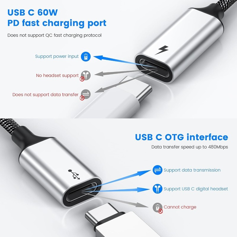 Type C Y Splitter Cable - 60W Fast Charging, Ideal for Gamers & Tech Enthusiasts gallery