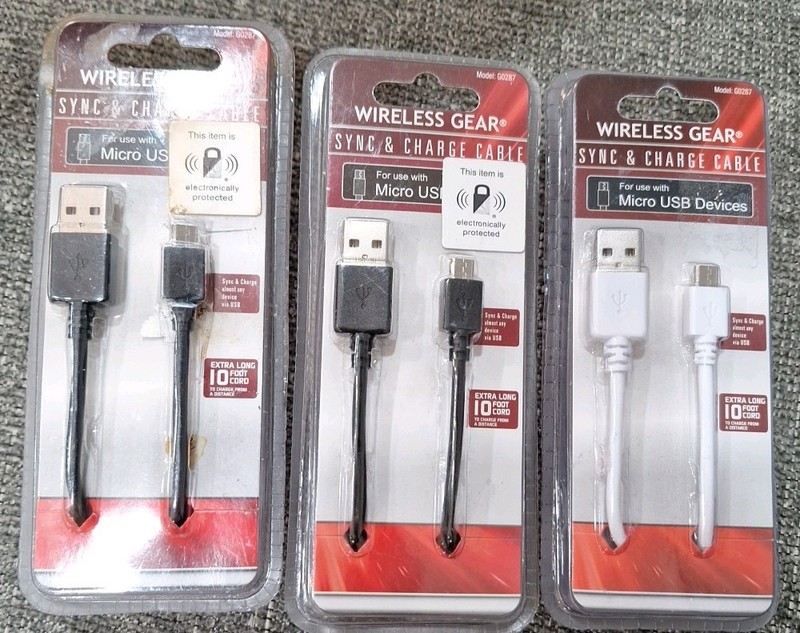 WIRELESS GEAR SYNC AND CHARGE CABLE MICRO USB DEVICES 10 FT LOT OF 3 NEW