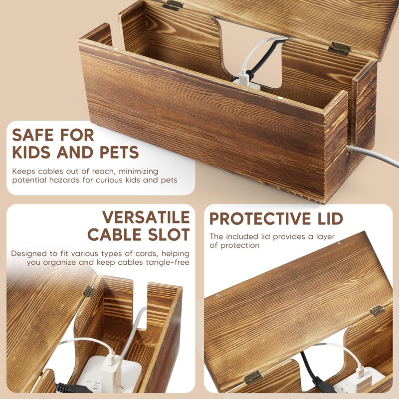Large Cable Management Box - Burnt Wood Organizer and Power Brown gallery
