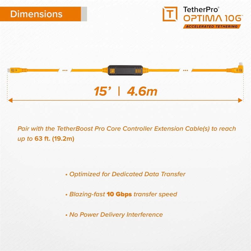 TetherPro Optima 15' USB-C Cable - 10Gbps Data Transfer, High-Visibility Orange gallery