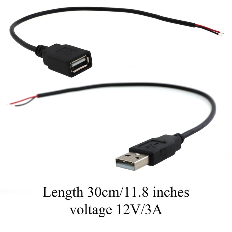 Short USB A Male 2pin Bare Cable 30cm/11.8in USB A 12V/3A Pigtail Open Power ... gallery