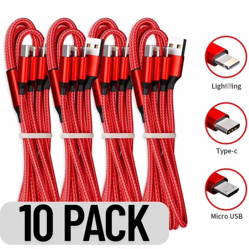 10Pcs Universal Multi Function Cell Phone Charger 3 in 1 Fast USB Charging Cable