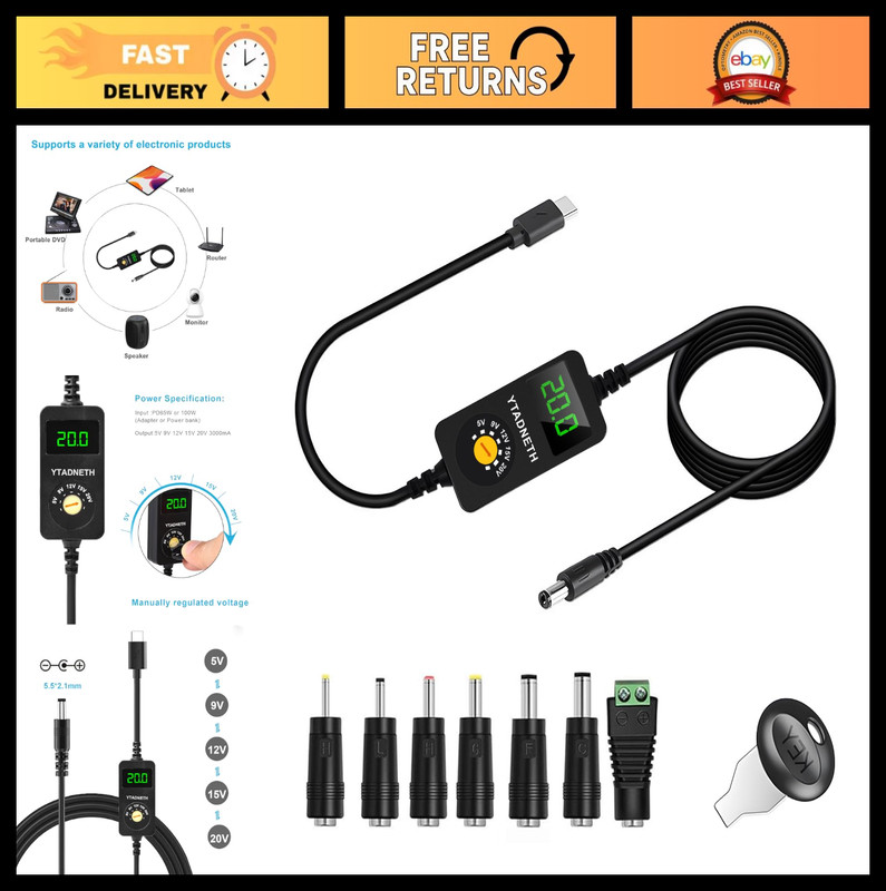 USB-C to DC Adapter Cable, 5V-20V PD Trigger with LED Display for Netbooks, Tabl