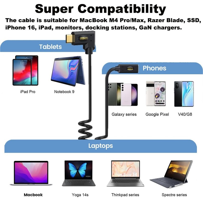 USB 4.0 Type C Extension Coiled Cable 40Gbps 240W 8K Angle Male Female Cord gallery
