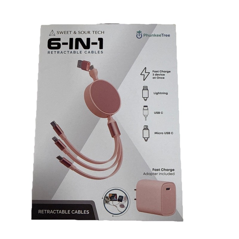 NEW Phunkee Tree 6-In-1 Retractable Cable SWEET SOUR TECH W/ FAST CHARGE ADAPTER
