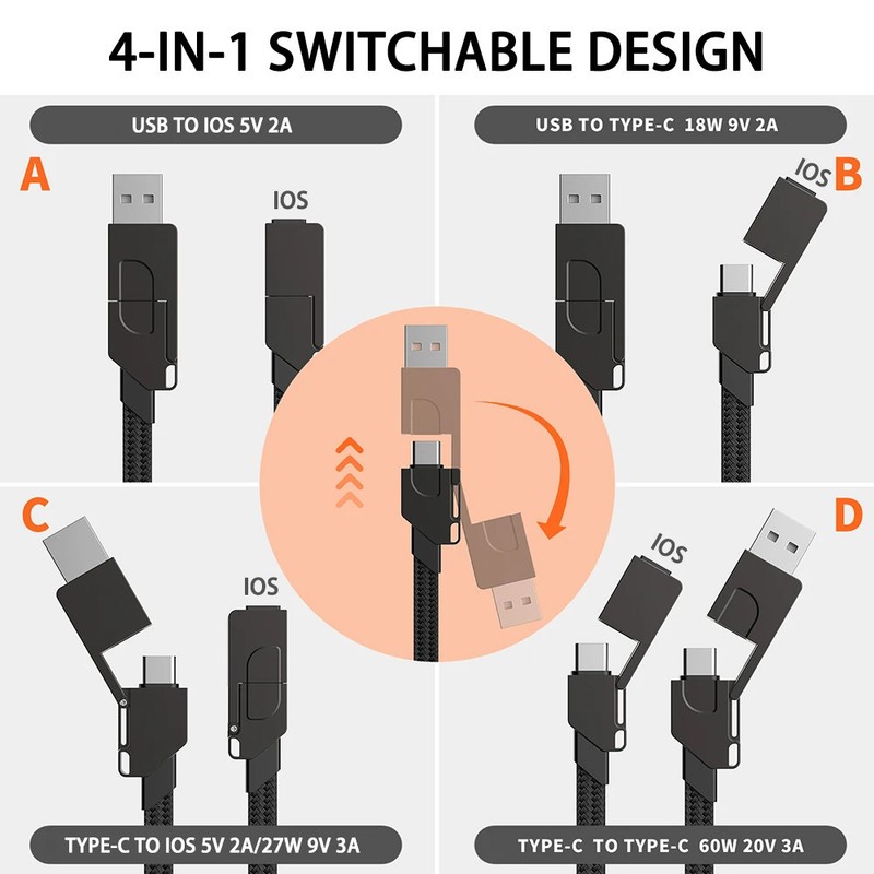 New 4 in 1 Multi fast charging Cable TYPE-C 60W/IOS 27W Fast Charging Data Cable gallery