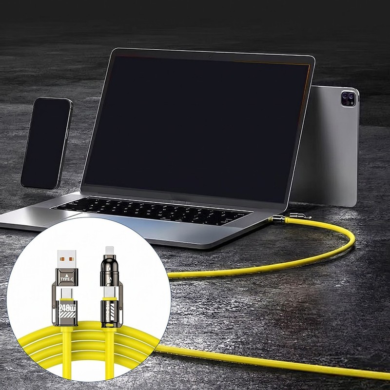 240W 4-in-1 Dual Type-C Fast Charging Cable for iPhone & Android Yellow A7 gallery