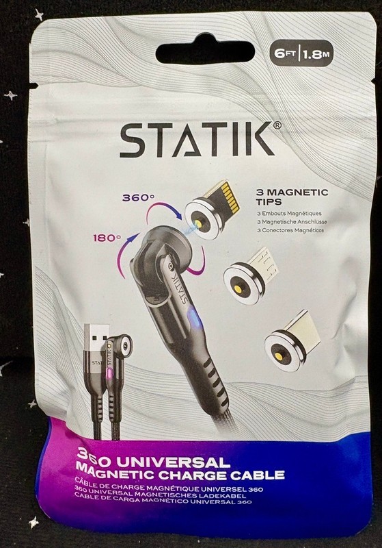 2 Statik 360 Universal Magnetic Charge Cable W/3 Magnetic Tips 6 Ft. New Sealed gallery