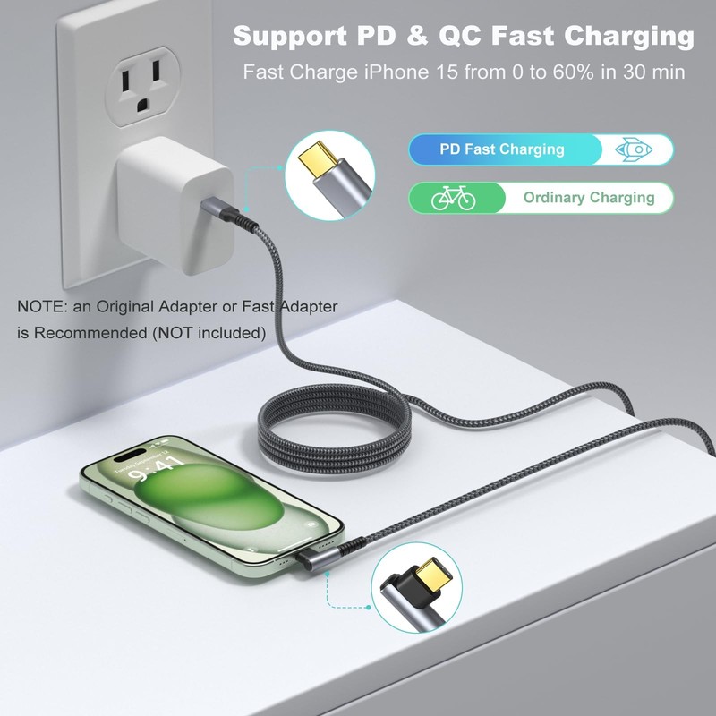 OKRAY USB C to C Cable 10ft, 2pack c c 90 Degree Right 10FT, Grey gallery