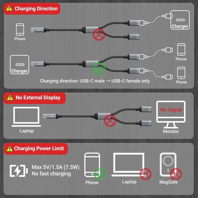 KiwiBird USB C Splitter 1 in 2 Out Charging, USBC Power Data Splitter Extension gallery