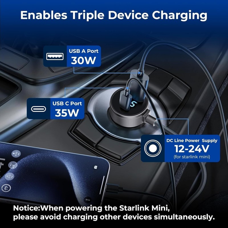 16.4FT 3in1 Starlink Mini Car Charger DC Power Cable+ Cigarette Lighter Adapter gallery