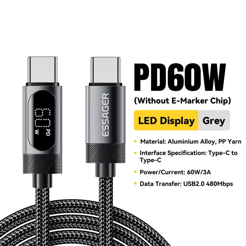 100W USB-C To C Cable 5A PD Fast Charging LED Display Lead For Samsung iPhone