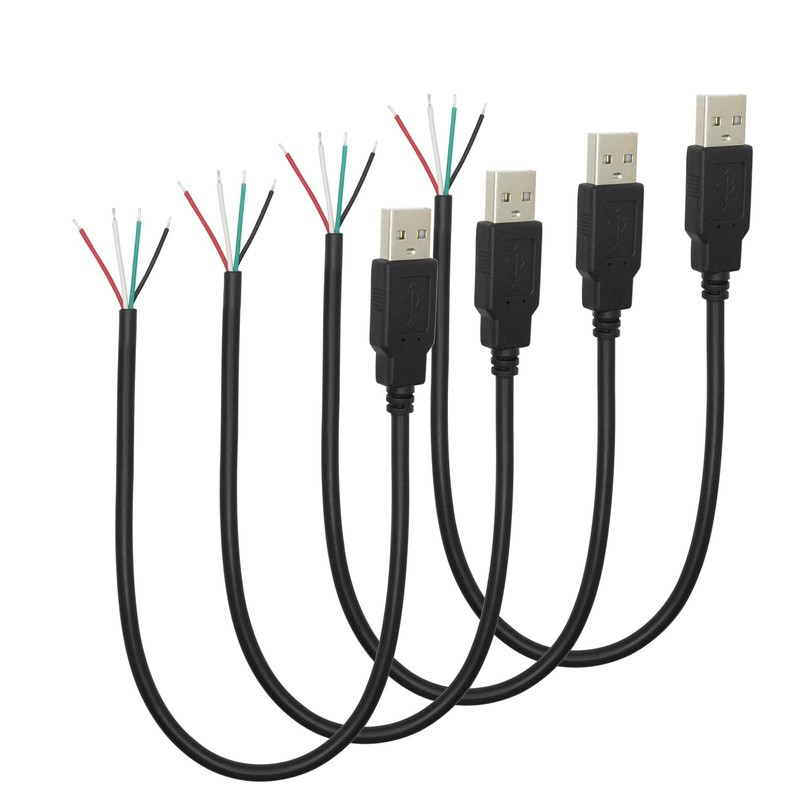 USB A Male to 4 Pin Bare Wire Open End Power Data Pigtail Cable 11 In 4 PCS