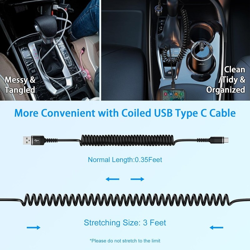 Fast Charger Cable Coiled USB C for Car 3FT Android Auto Type A to C Phone Power gallery