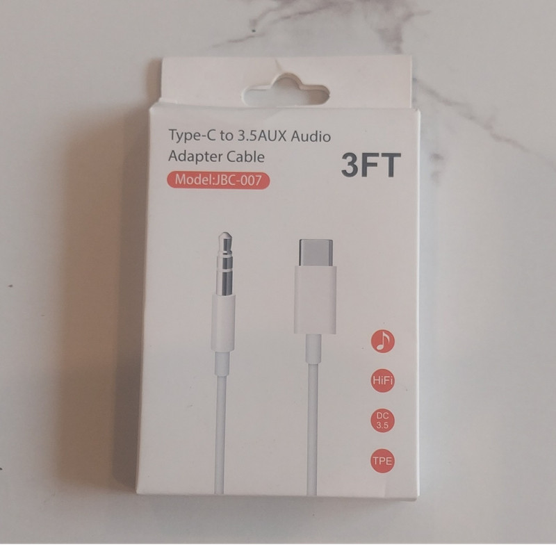 Type-C to 3.5mm Audio Adapter Cable White 3FT Model JBC-007 Flexible HiFi