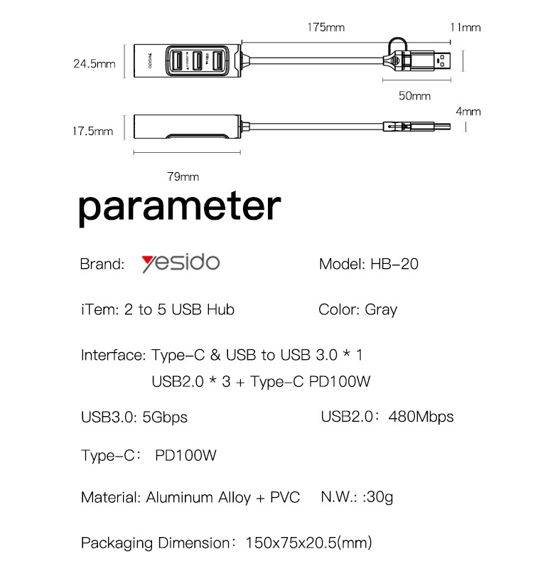 Yesido HB20 5-in-2 USB Hub Type-C & USB to 4 USB Ports+100W PD USB 3.0+2.0 Black gallery