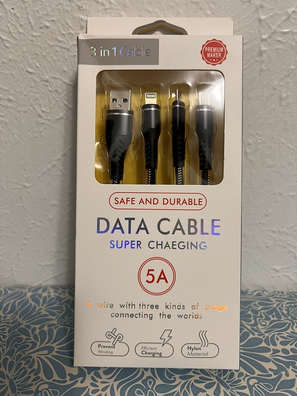 NIB Universal 3 In 1 Data Charging Nylon Cable Efficient Charging Safe & Durable
