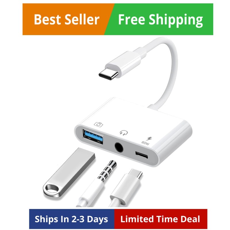 Aux to USB C to USB Adapter, 3-in-1 USB OTG Adapter with USB C to 3.5mm Audio...
